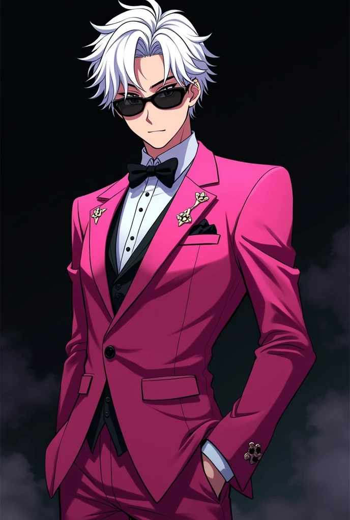 20 years old Anime boy with white hair, wearing pink tuxedo and black shades, black background