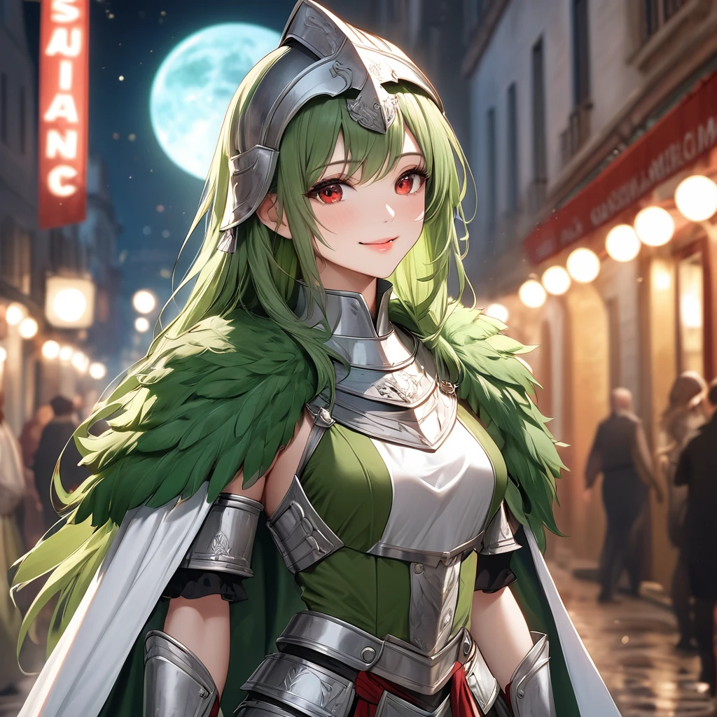 A woman wearing silver Lorica segmentata armor, wearing a green tunic, silver boots, wearing a galea helmet, helmet with green feathers, standing postured, green hair, ancient Roman aesthetics, long hair, red eyes, a strand of red hair, smiling, wearing a green fur cape, on the outside of a Roman coliceus, place at night, perfect lips, perfect face, perfect eyes..(Azur_lane, RN Littorio).UHD, masterpiece, accurate, anatomically correct, textured skin, super detail, high quality, best quality, 8k, high resolution, bokeh effect.(solo woman),white gloves, realistic, close view.
