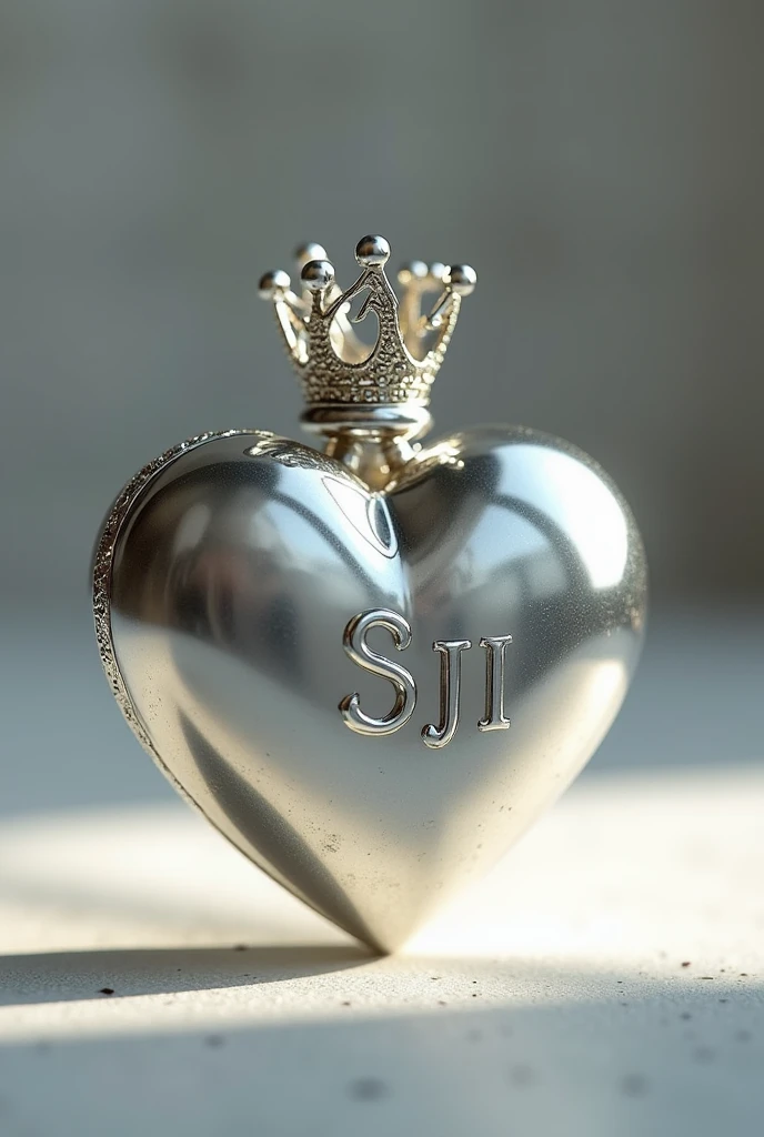 A silver heart with the initials SJI on the inside, and a crown on top