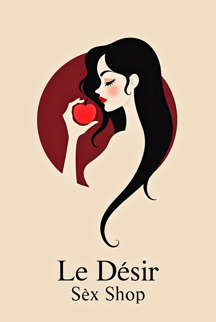 The logo for "Le Désir Sex Shop" It should be minimalist and elegant. The central image must represent a stylized female figure, with clean, smooth lines, holding a bright red apple in one hand. The woman's face should display a subtle smile, that suggests temptation and seduction, but discreetly. The typography of the name "Le Désir Sex Shop" must be modern and refined, with a simple and sophisticated font. The main colors of the logo should be a deep red and an elegant black., creating a combination that evokes passion and luxury without exaggeration. Design should be simplified, maintaining the essence of desire and seduction in a subtle and modern way.