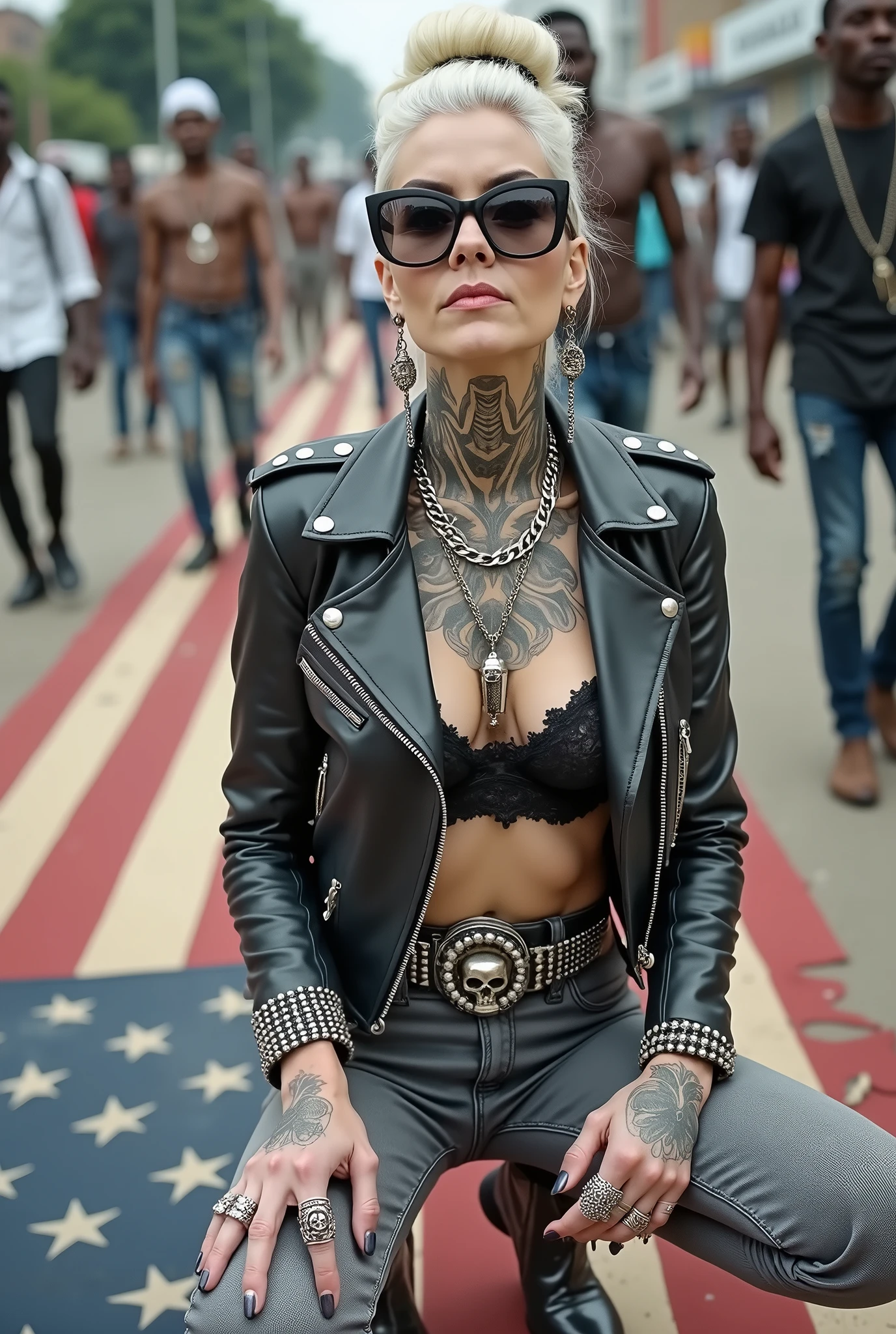 Anglosaxon old milf woman, , blonde platinum hair (beehive bun, black parsley headband), with very light green eyes, extremely pale. Wearing oversized square black maxisunglasses Wearing studded cropped black moto jacket (verical zippers on the sides). Black lace push up bra, dark grey skinny, tight low rise jeans (holes in knees). Silver Chelsea boots with cuban heels. Lots of thick wide studded bracelets, chain collars and big rings. Tacky wide studded leather belt, with big skull and bones round buckle. Long earrings with chains. Squatting on a large ragged, dirty usa flag, looking at the photographer. Craving heavily. Hands on knees. Waste and trash all over the floor. Her studded leather bag, thron away. Looking at the camera, chin up. Toned abdominals, thin neck, slim legs and thin arms. Neck, chest, belly, hands and arms completely tattoed. Street of Nairobi, crowded with shirtless men in jeans