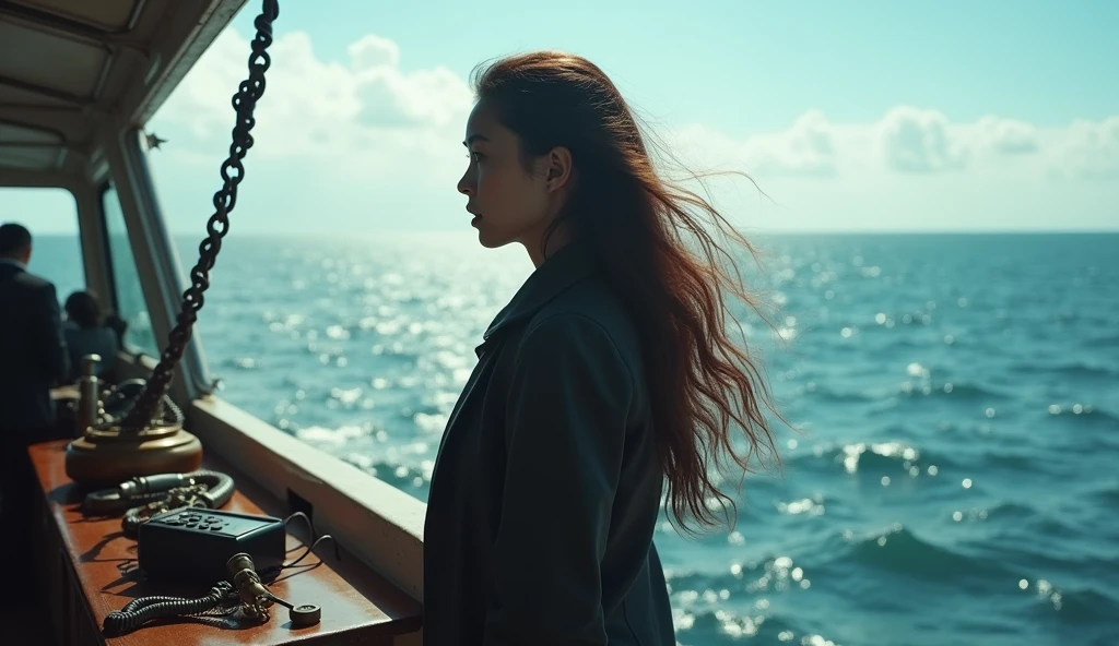 One person, 10 talents,Long Hair, Highest quality, profile,Ocean,steampunk,Boat,Open your mouth a little, Bedphone, 大航Ocean,Wide-angle shot, whole body