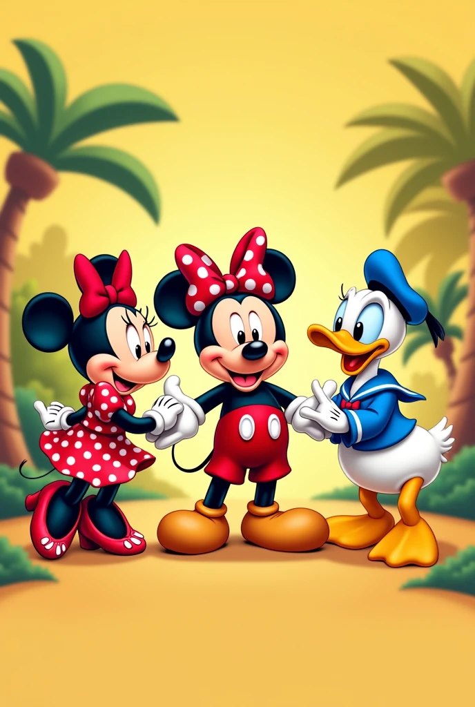 yellow background, con minnie, Mickey,  Daisy Duck and Donald Duck at Mickie&#39;s house