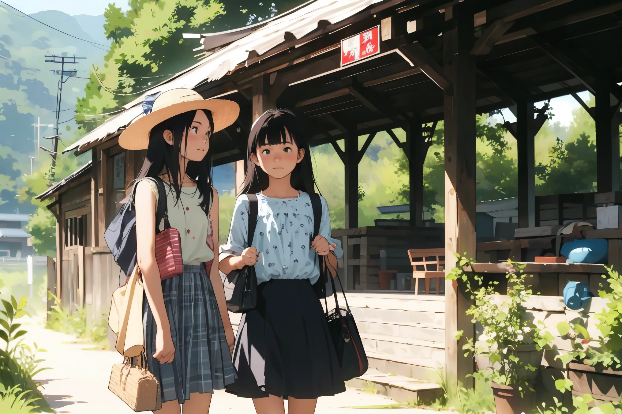 masterpiece, Highest quality,plural, Three Girls、Railway stations、(countrysideのローカル線の無人駅のホームで)、bicycle、Black Hair, short hair、Long Hair, Hair ties, hair band, hair ornaments, Straw hat、Shorts, skirt、dappled daylight、Outdoor, nature, wood々、 Grassland、countryside、Suburban、