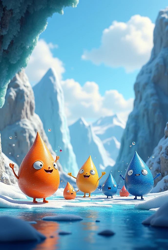 Pixar-like image like fresh water, minerals oil, diamante,Gold and iron from Antarctica