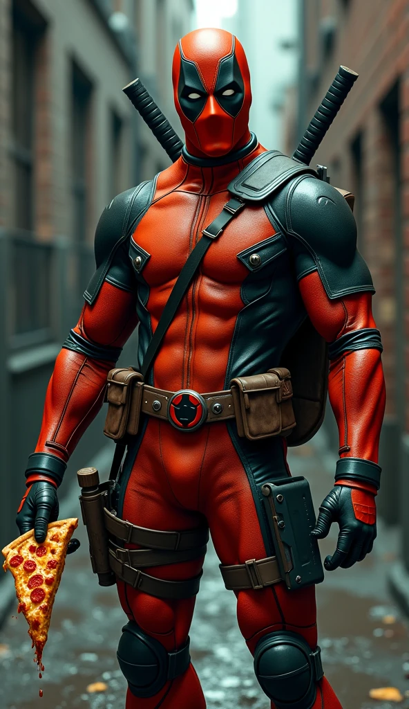 Michelangelo stands in a dark alley, his usual green skin now tinted with the deep red hues of Deadpool. His orange mask remains, but the colors blend seamlessly with the darker, crimson tones that now cover his body, creating an unexpected but fitting homage to Deadpool. His playful grin still lights up his face, but there's a mischievous glint in his eyes that hints at Deadpool’s chaotic nature. In one hand, he casually holds a pizza slice, the vibrant red of his skin making it stand out even more. The twin katanas on his back add a dangerous edge, perfectly balancing Michelangelo's carefree charm with the unpredictable, rebellious spirit of Deadpool.