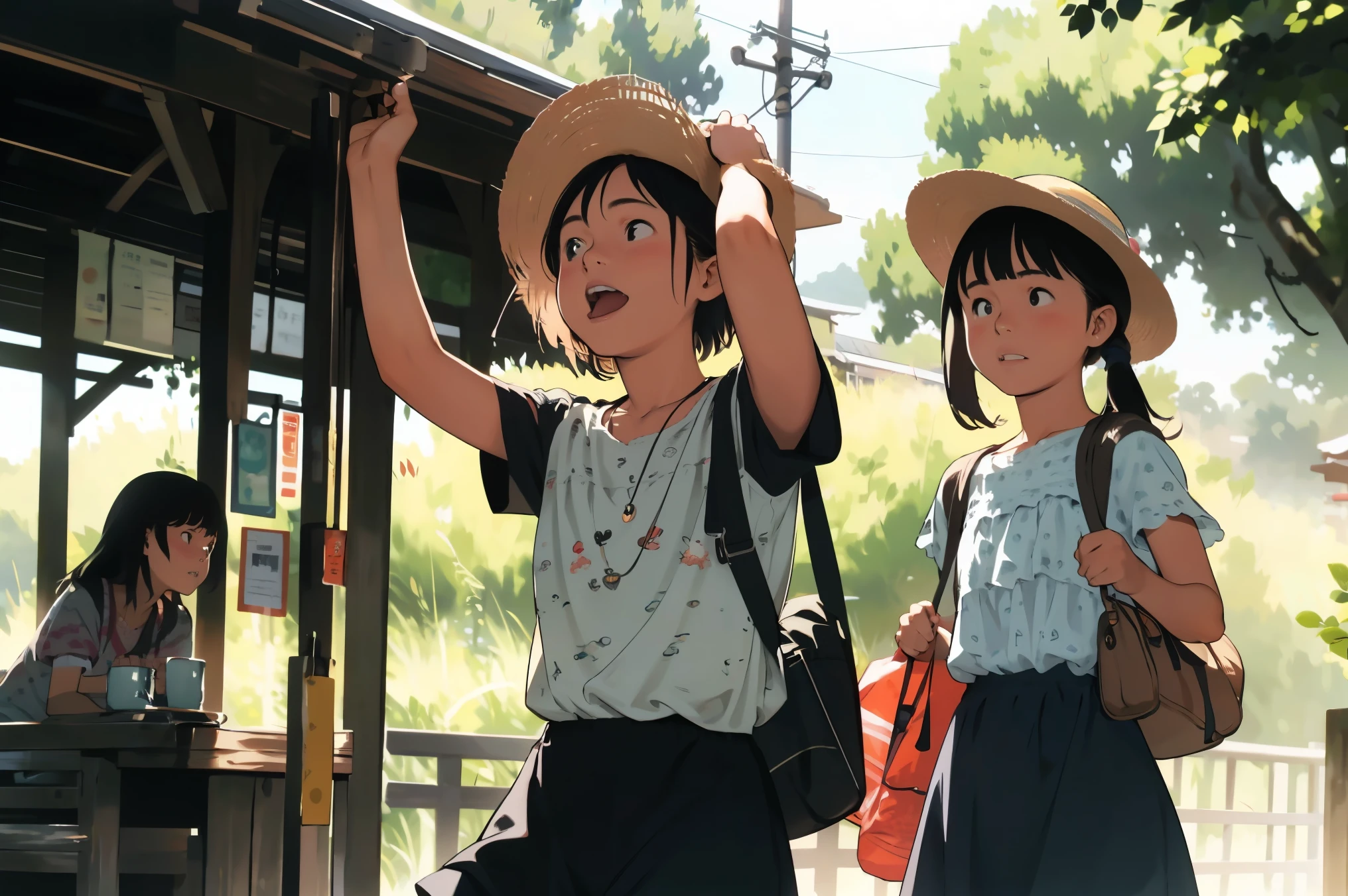 masterpiece, Highest quality,plural, Three Girls、Railway stations、(countrysideのローカル線の無人駅のホームで)、bicycle、Black Hair, short hair、Long Hair, Hair ties, hair band, hair ornaments, Straw hat、Shorts, skirt、dappled daylight、Outdoor, nature, wood々、 Grassland、countryside、Suburban、