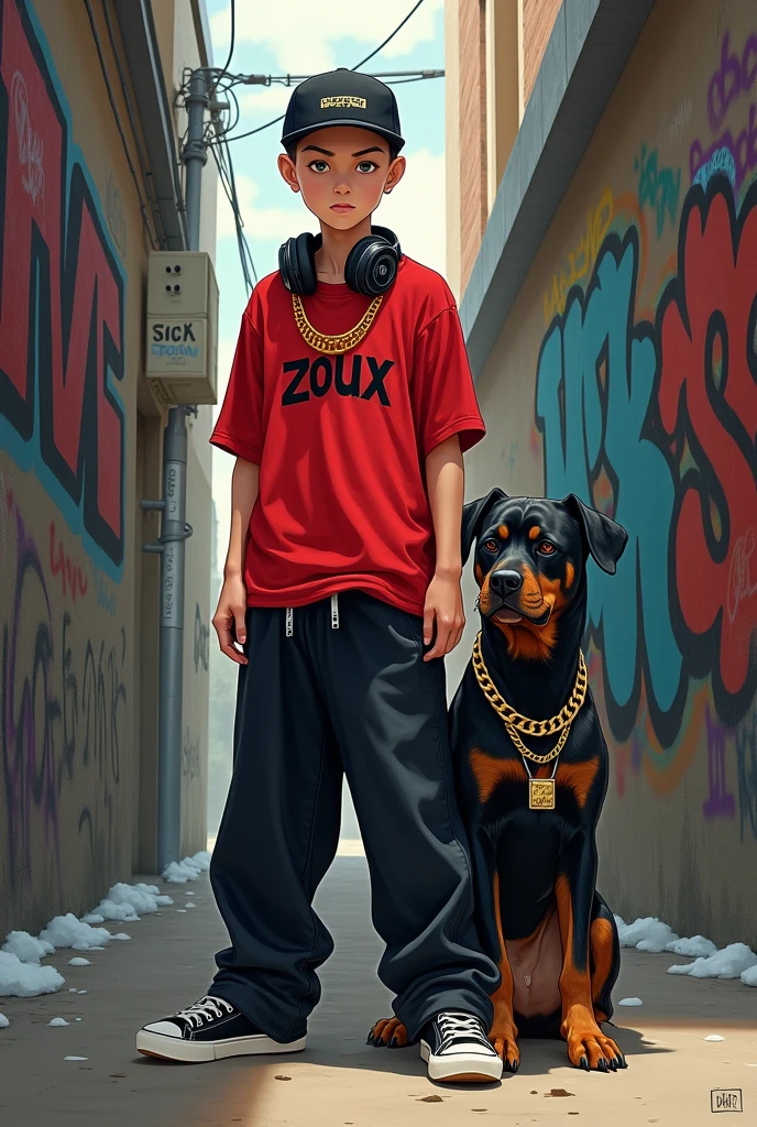 make a  boy, dressed in a red shirt that says in black letters"zoux" that he is bald and has white skin, who has a black hat on his head with a gold chain, some wide black pants and some black sneakers and white, (hiphop style) that has headphones on its neck, and next to it there is a Rottweiler dog with a gold chain, which is in an alley all graffitied with anime-style tags