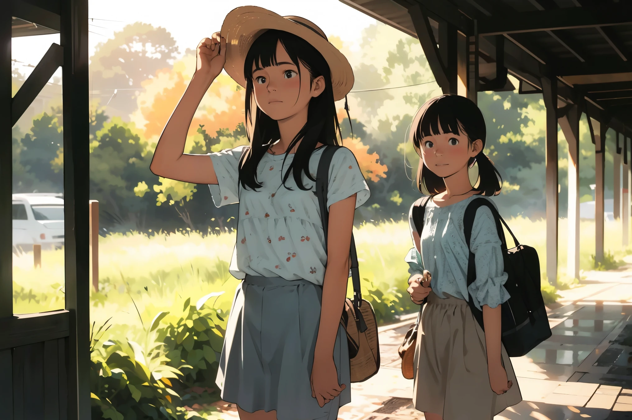 masterpiece, Highest quality,plural, Three Girls、Railway stations、line、(countrysideのローカル線の無人駅のホームで)、bicycle、Black Hair, short hair、Long Hair, Hair ties, hair band, hair ornaments, Straw hat、Shorts, skirt、dappled daylight、Outdoor, nature, wood々、 Grassland、countryside、Suburban、