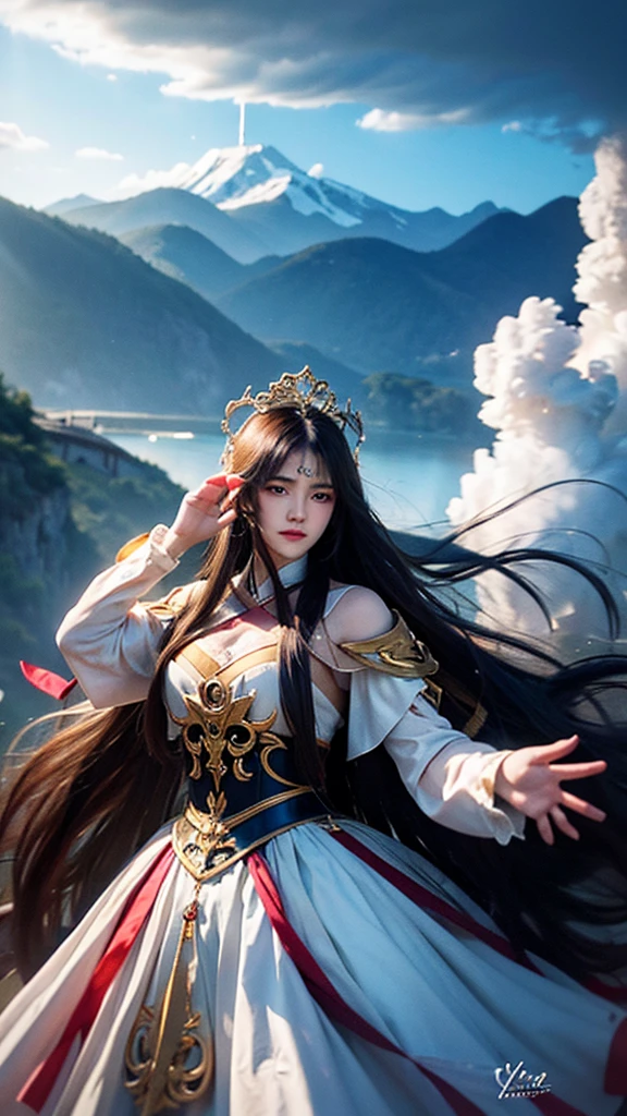best quality,masterpiece,Ultra-high resolution,photoactual:4:0,Immortal World,dark clouds all over, tornado,An iron fan princess,long flowing hair,Handsome and handsome face,Mi Yue's eyes,Big breasts,thin waist,Charming and slender,Wearing a stunning red and black outfit,Hand-held banana fan