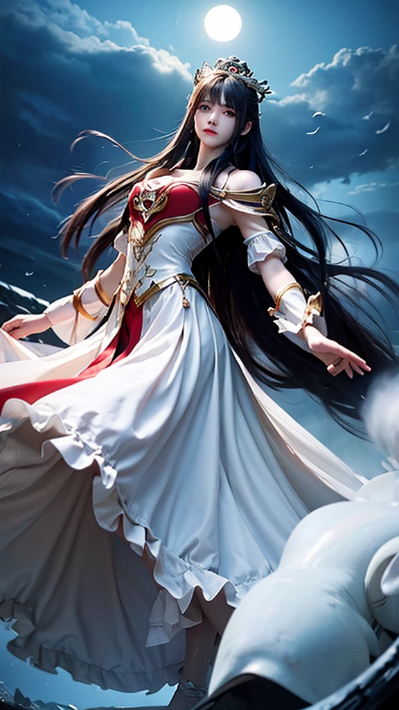 best quality,masterpiece,Ultra-high resolution,photoactual:4：0,Immortal World,dark clouds all over, tornado,An iron fan princess,long flowing hair,Handsome and handsome face,Mi Yue&#39;s eyes,Big breasts,thin waist,Charming and slender,Wearing a stunning red and black outfit,Hand-held banana fan