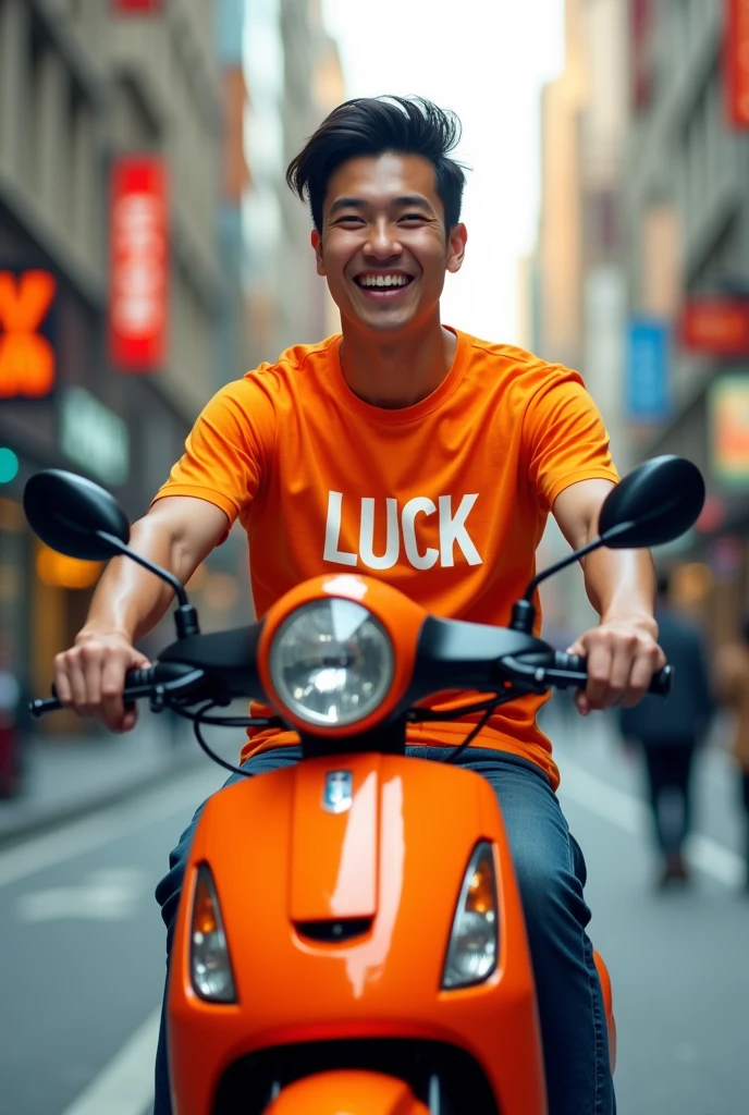 create an orange urban mobility logo with the word luck written on it and in the background place a real happy person riding an orange motorcycle wearing a shirt with the word luck written on it