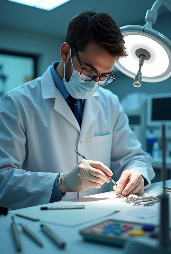 an odontologist working with tools in his/her hands