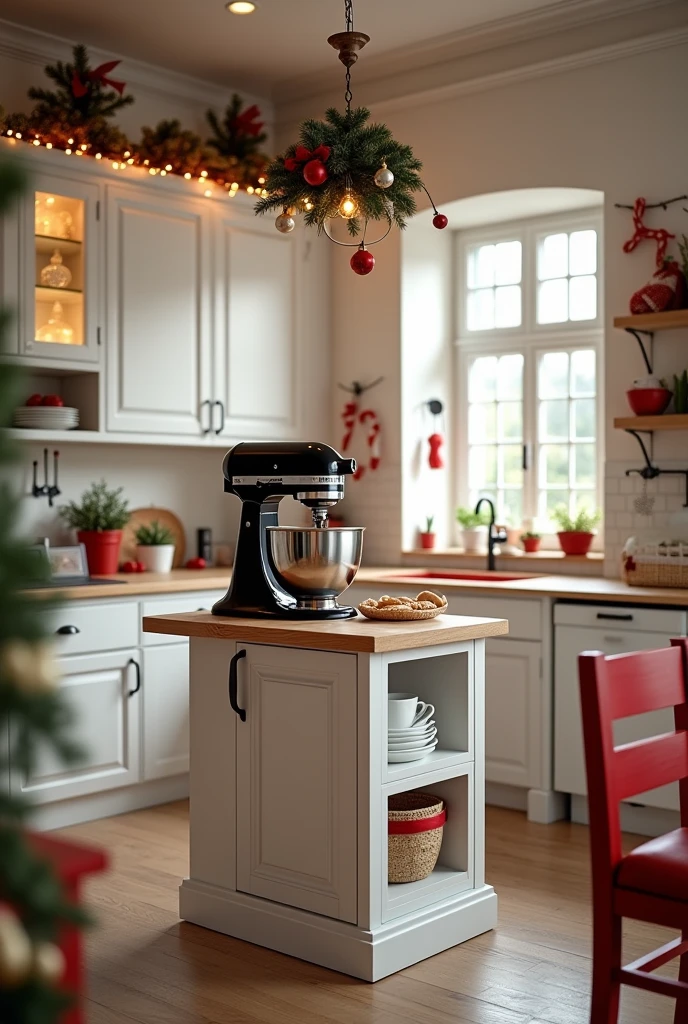 Please create an image of a photographic scene of a kitchen decorated for Christmas with white and red colors and some utensils in red or black., in the background there is a cupboard with three doors, a shelf and three more doors underneath, next to this cabinet there is a bench, on the other side there is another vertical cabinet with three shelves, in the middle of the kitchen there is a narrow island where they prepare gingerbread cookies and on top of that island there is a black Kitchen Aid mixer. The kitchen only has a view from the front, has no side part. The cabinets are white with light brown wood details..