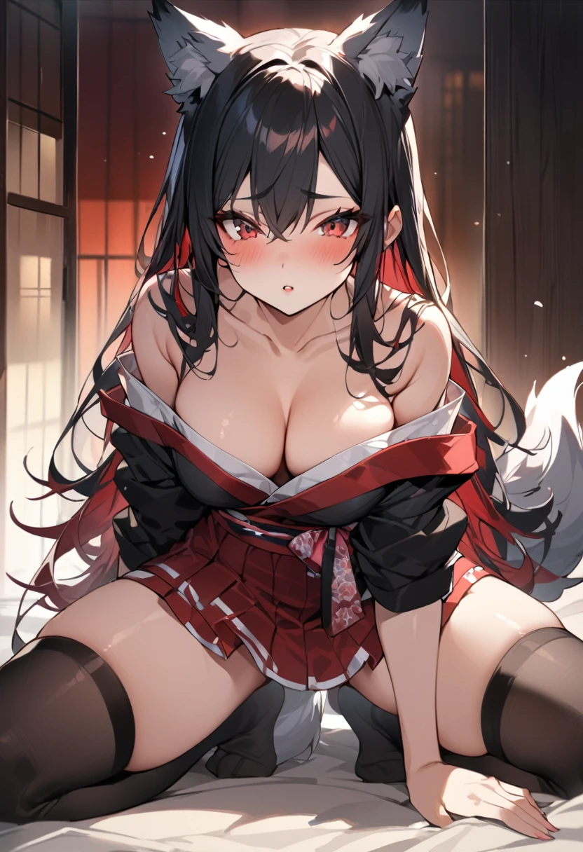 One person、Wolf Ears、、long hair、Black Hair、Red hair、Red eyes、kimono、mini skirt、Knee-high socks、Socks above the knee、Off the shoulder、Bushy Tail、Highest quality、High quality