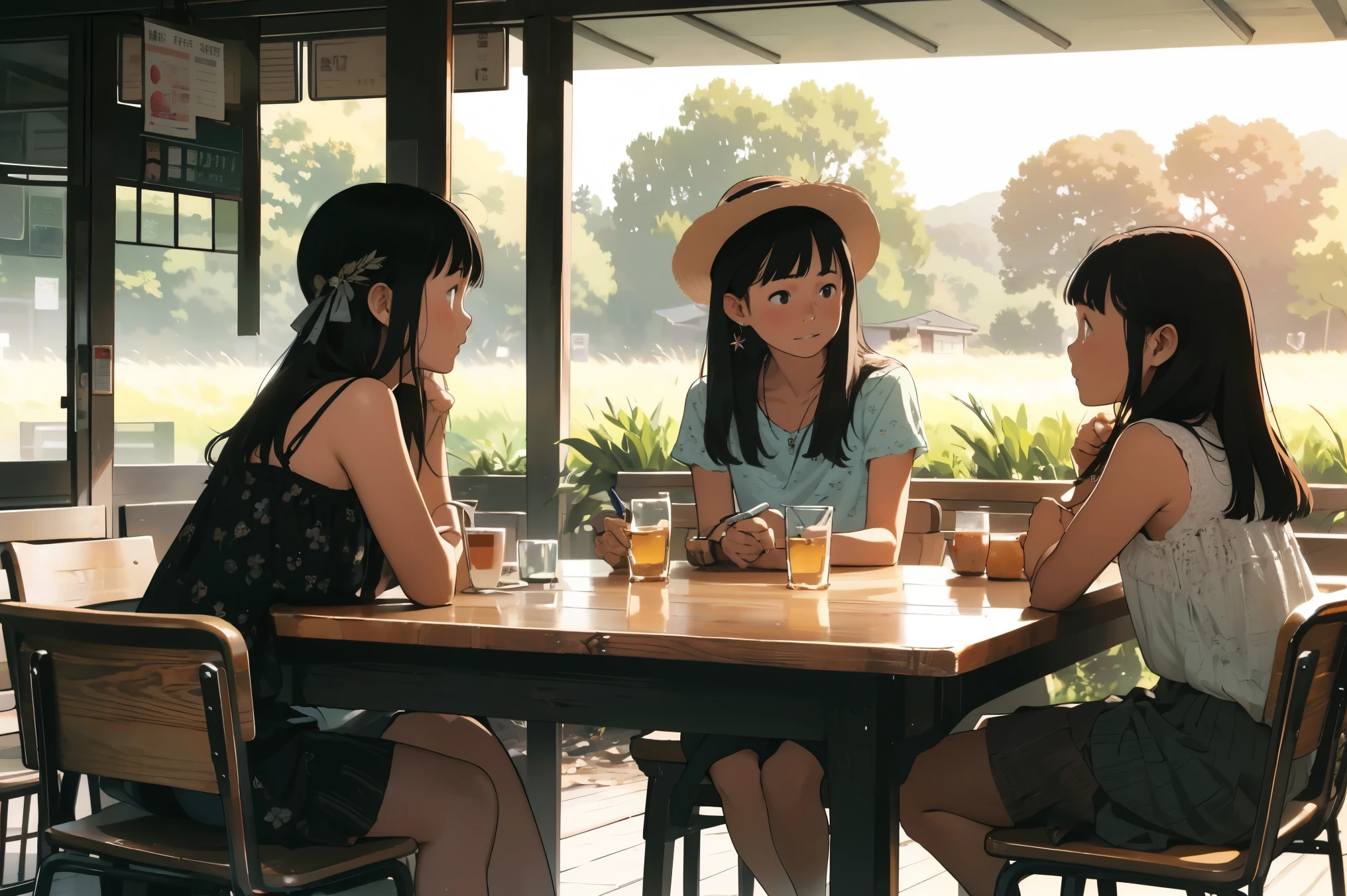 masterpiece, Highest quality,plural, Three Girls、Railway stations、(line:1.2)、(countrysideのローカル線の無人駅のホームで)、bicycle、Black Hair, short hair、Long Hair, Hair ties, hair band, hair ornaments, Straw hat、Shorts, skirt、dappled daylight、Outdoor, nature, wood々、 Grassland、countryside、Suburban、