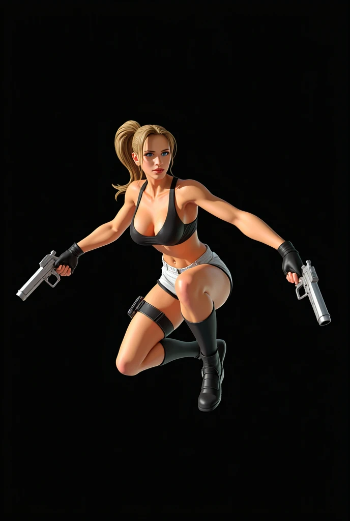 “Create an image of a character inspired by Lara Croft with a stylish twist. She should have blonde hair styled in a ponytail, blue eyes, and glossy lips. Outfit her in black thigh-high socks, black boots, white shorts, and a black crop top. She should be holding guns, standing confidently with a strong, commanding pose. Set the scene against a bright daytime sky with a clear, sunlit background