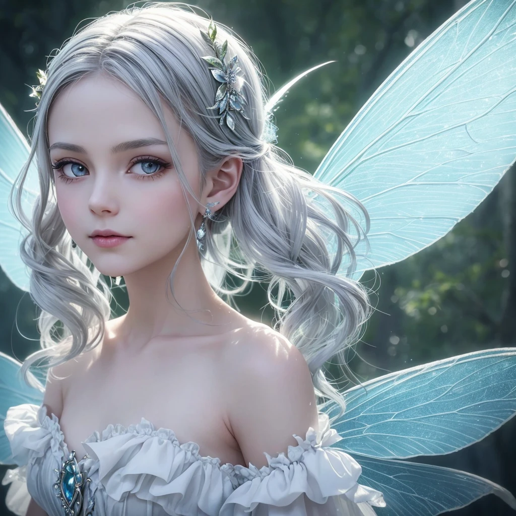 “Create an extreme close-up image of a Sylphid Fairy. The fairy should have shimmering silver or white hair, airy, translucent wings, and a lively, playful expression. The background should be markedly blurred to focus on the fairy’s face with a light, ethereal color scheme.”