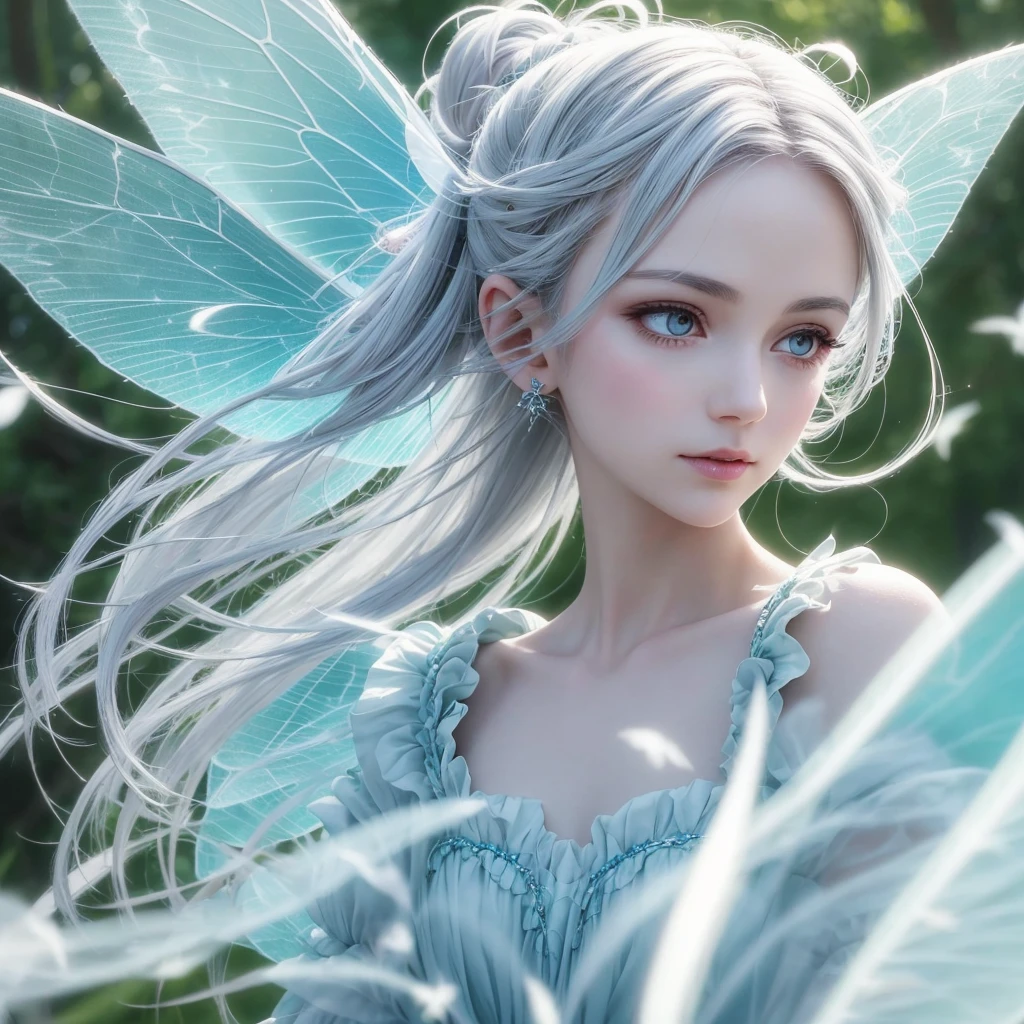 “Create an extreme close-up image of a Sylphid Fairy. The fairy should have shimmering silver or white hair, airy, translucent wings, and a lively, playful expression. The background should be markedly blurred to focus on the fairy’s face with a light, ethereal color scheme.”