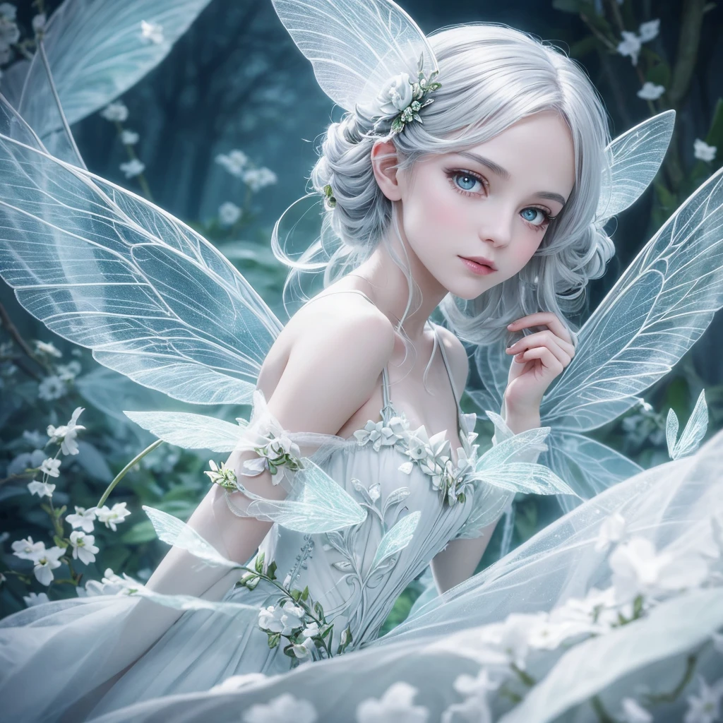 “Create an extreme close-up image of a Sylphid Fairy. The fairy should have shimmering silver or white hair, airy, translucent wings, and a lively, playful expression. The background should be markedly blurred to focus on the fairy’s face with a light, ethereal color scheme.”
