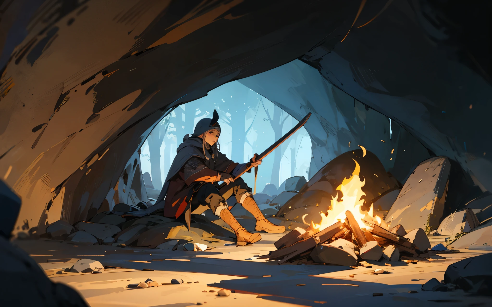 Nordic warrior sitting next to campfire inside a dark cave.
