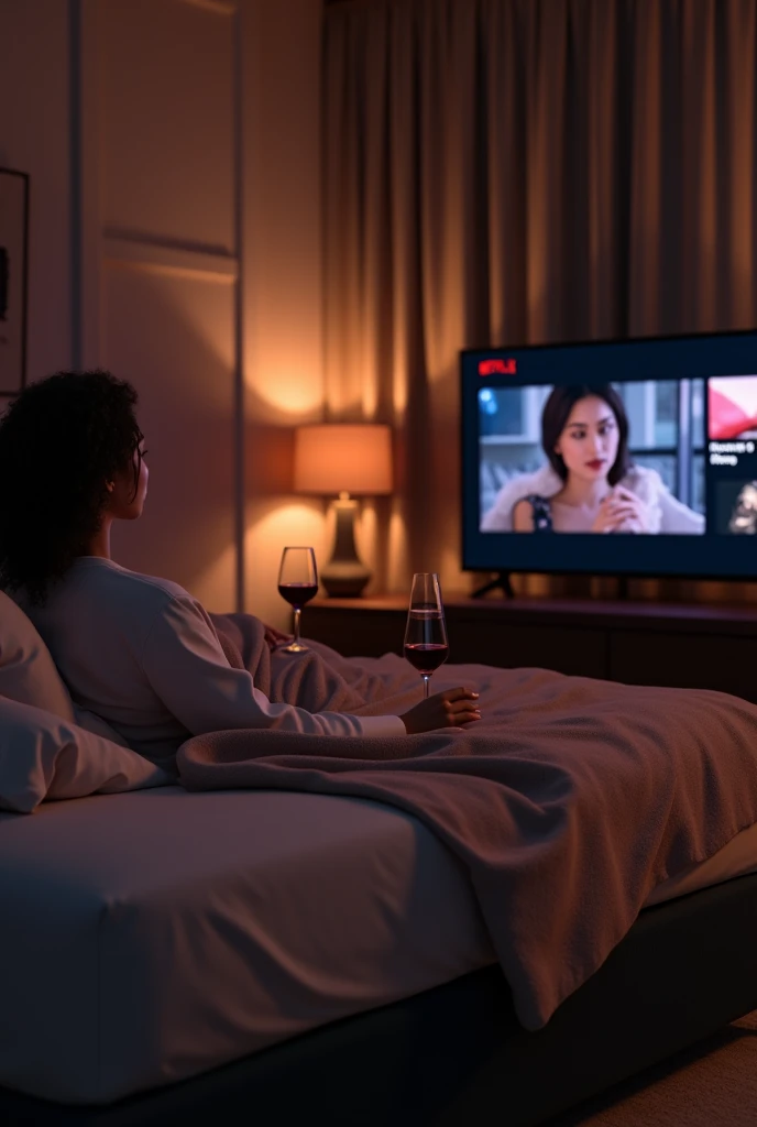 a bed, at tv with netflix, and wine in a room at night, make it beautiful