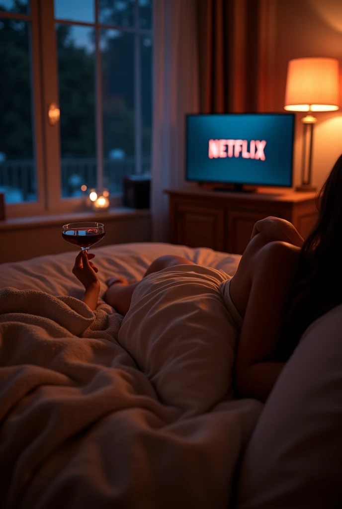 a bed, at tv with netflix, and wine in a room at night, make it beautiful