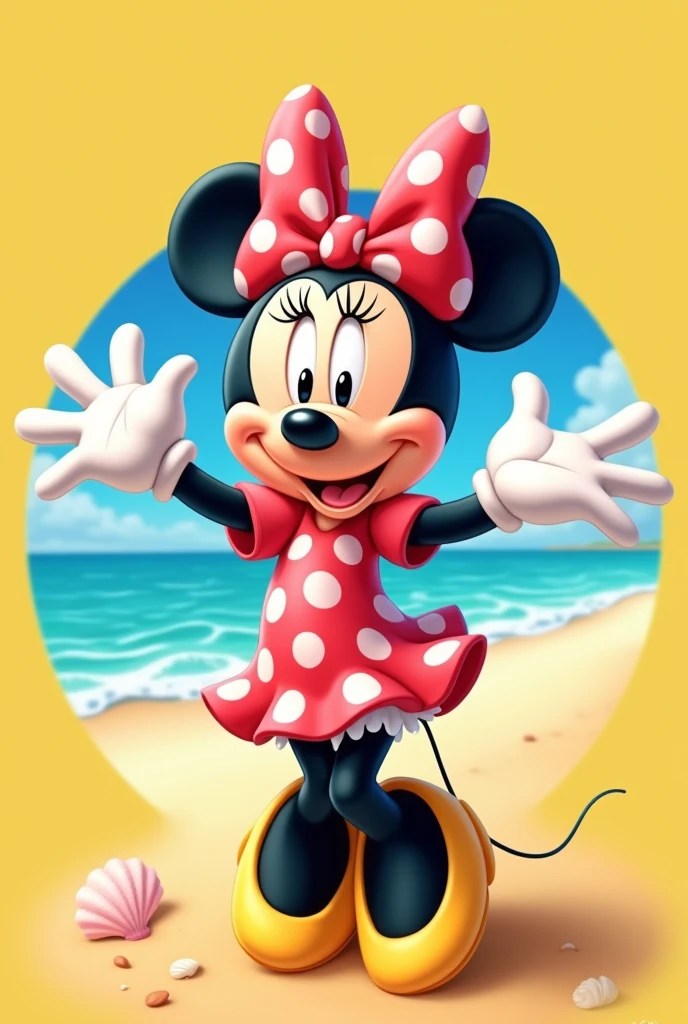 yellow background, with minnie on the beach