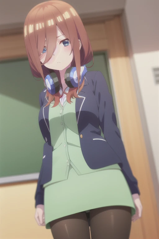 score_9, score_8_up, score_7_up, source_anime, mikunakano, miku nakano, long hair, bangs, blue eyes, brown hair, shirt, hair between eyes, headphones, cardigan, headphones around neck, skirt, shirt, long sleeves, white shirt, pantyhose, pleated skirt, black pantyhose, cardigan, green skirt, blue cardigan, indoors, classroom, looking at viewer, cowboy shot, dutch angle,