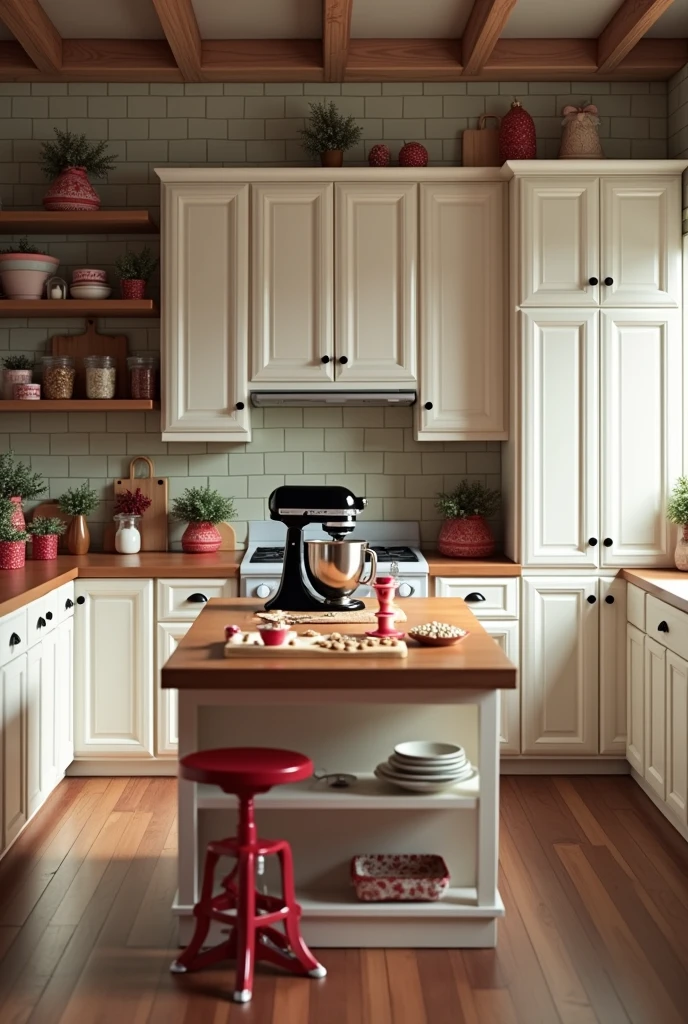 Please create an image of a photographic scene of a kitchen decorated for Christmas with white and red colors and some utensils in red or black., in the background there is a cupboard with three doors, a shelf and three more doors underneath, next to this cabinet there is a bench, on the other side there is another vertical cabinet with three shelves, in the middle of the kitchen there is a narrow island where they prepare gingerbread cookies and on top of that island there is a black Kitchen Aid mixer. The kitchen only has a view from the front, has no side part. The cabinets are white with light brown wood details..