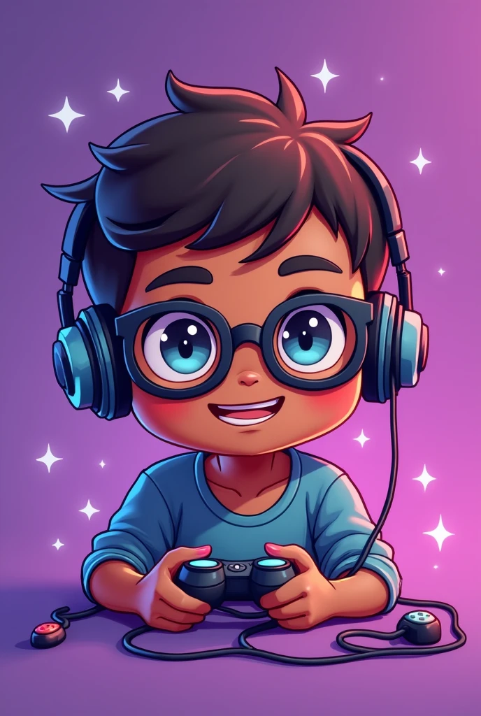 A Chibi-style male character with brown skin wearing gamer-style glasses on a purple background