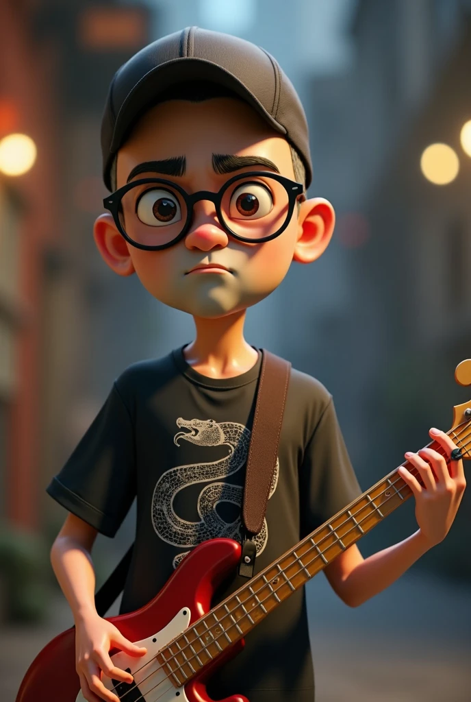 A cartoon character of a 50-year-old Japanese man with no beard, wearing a shaved head, a bass cap, black glasses and a T-shirt with a picture of a snake, holding a bass guitar, Anime characters, Stylized characters, Animation-style rendering, 3D stylized, Arnold Maya Rendering, 3D rendering style, toon render keyshot, 3D Characters, 3D Characters, 3D rendering style, 3D Charactersレンダリング, Cartoon characters, Close-up Character, Character pose, (Pixar Style) (Master Parts:1.2) (Bokeh) (Highest quality) (Fine skin) (Fine texture) (8k) (clay) (Cinema Lighting) (Sharp focus)