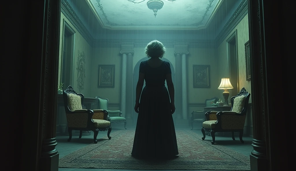 a mansion inside, she's old, and it's finished inside. horror climate, gloomy weather,