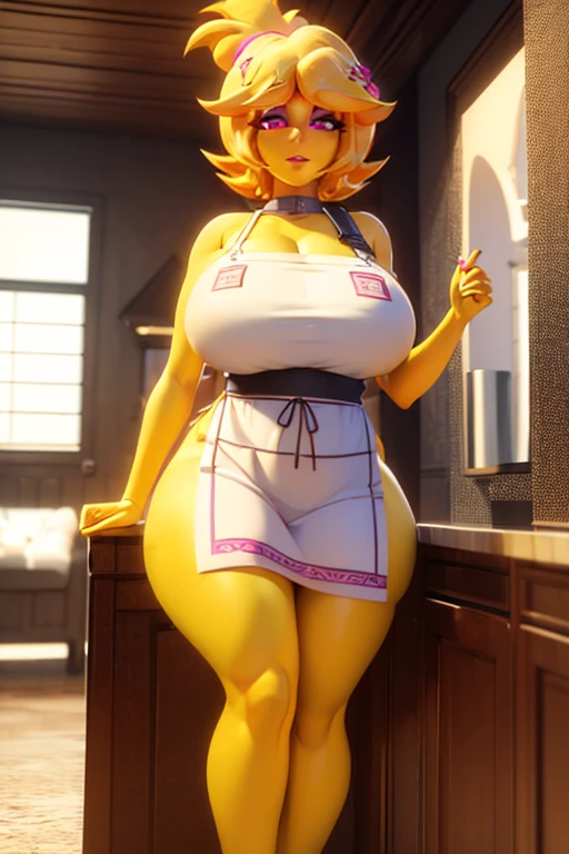 (best qualityer,high resolution,work of art:1.2),ultra detali, chiku, 3d, 3D rendering, sexly, Woman, yellow skin, yellow hair, thick-thighs, Breasts huge, pink eyes, apron, standing, lips, close up,