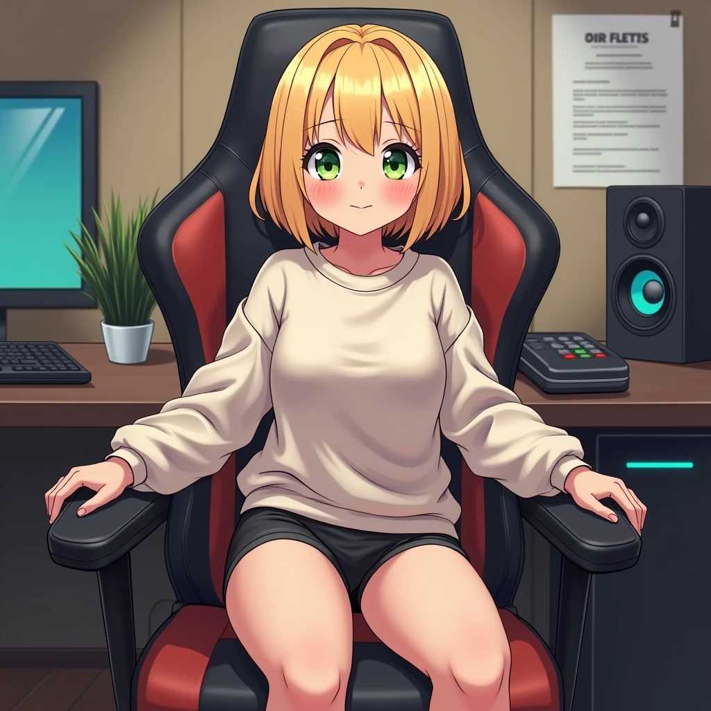 Girl, Nerd, Blonde Bob Hair, Green Eyes, Baggy Shirt, Hot Pants, Sitting on gaming chair, shy grin, anime