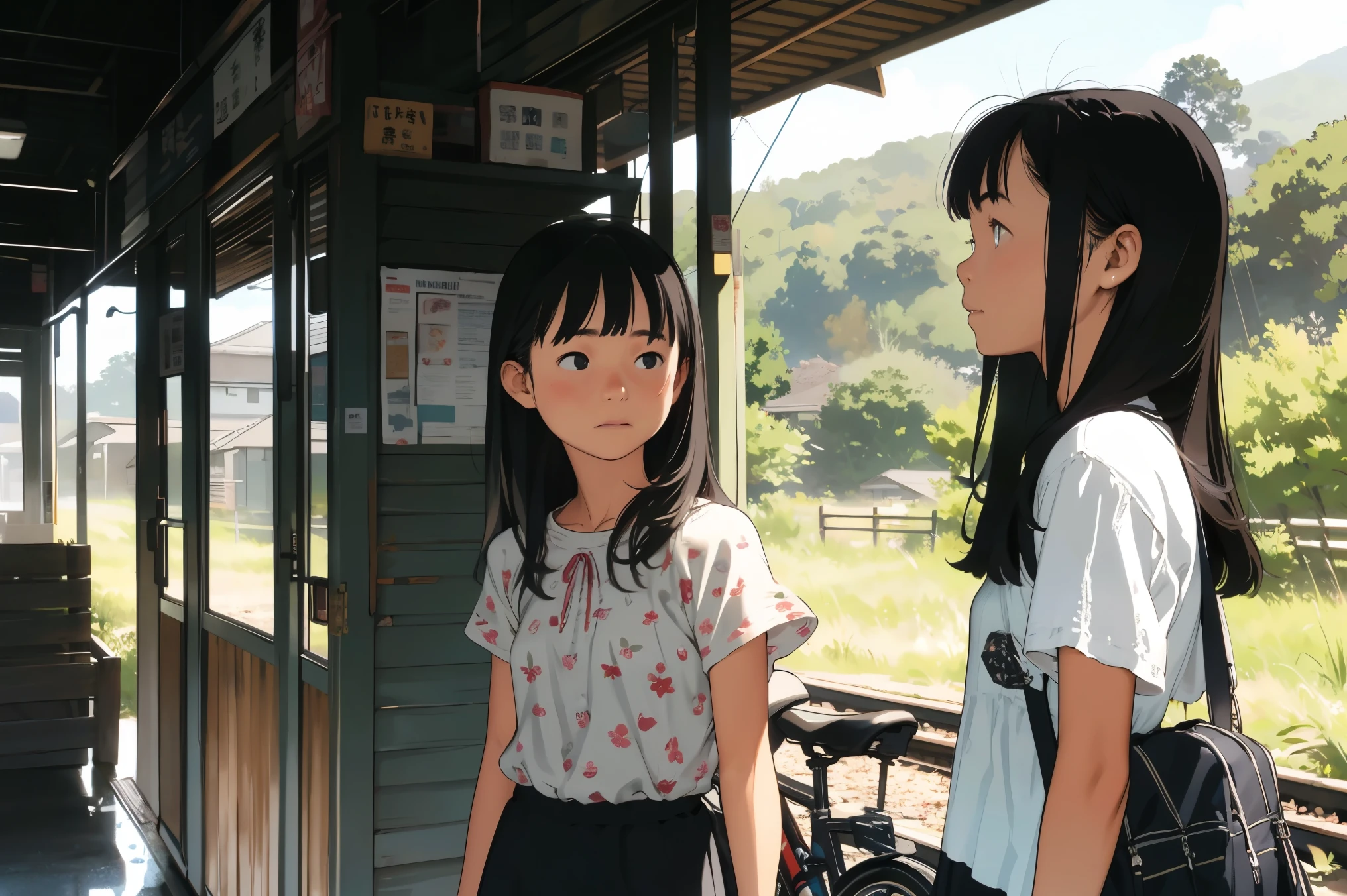 masterpiece, Highest quality,plural, Three Girls、Railway stations、(line:1.2)、(countrysideのローカル線の無人駅のホームで)、bicycle、Black Hair, short hair、Long Hair, Hair ties, hair band, hair ornaments, Straw hat、Shorts, skirt、dappled daylight、Outdoor, nature, wood々、 Grassland、countryside、Suburban、