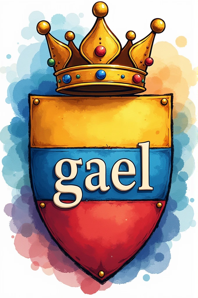 create an AI image of a coat of arms in royal blue, yellow and red, a paw-shaped crown on the inside of the coat of arms and the writing "GAEL" in watercolor tones in a children's vector drawing style, Cartoon