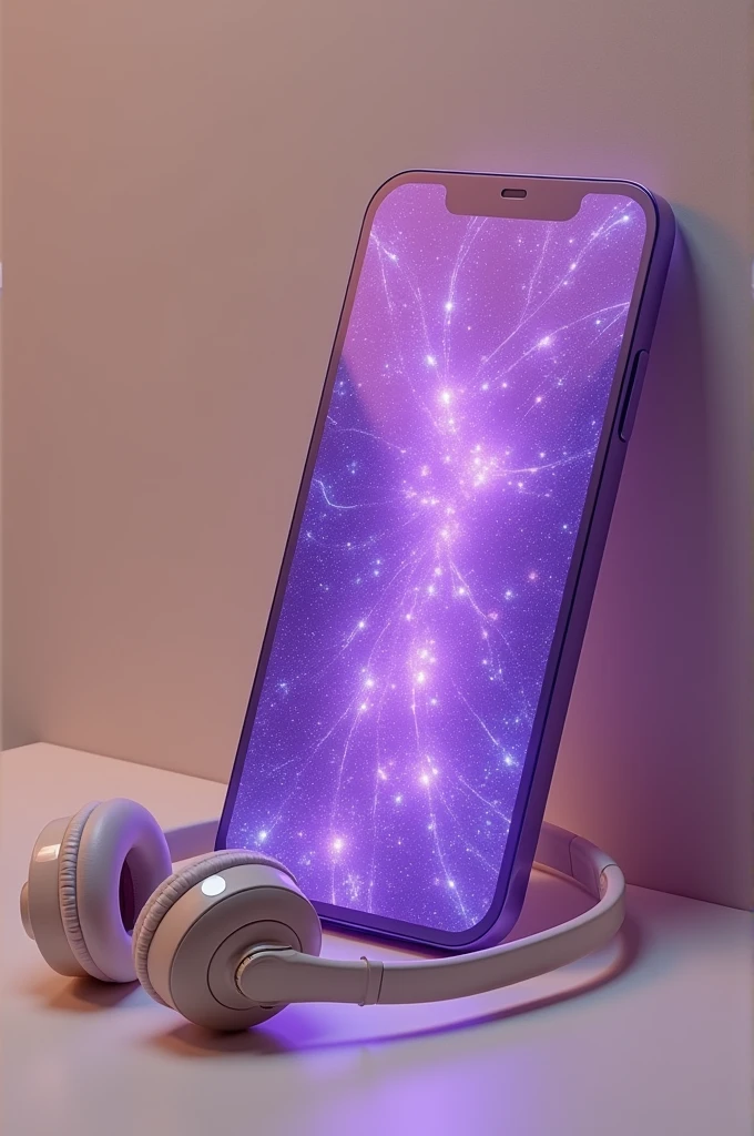 Purple iPhone 15 cell phone with lights and beige headphones
