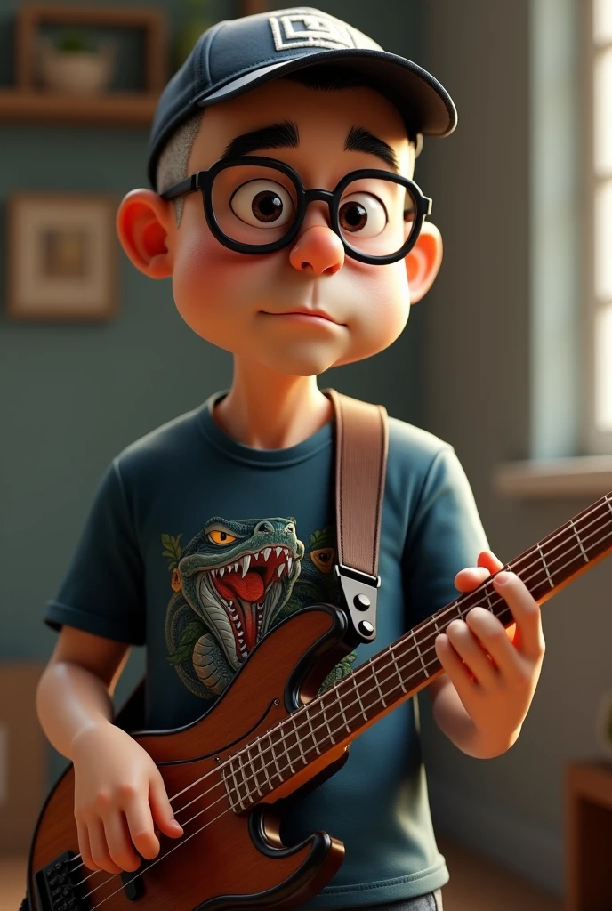 A cartoon character of a 50-year-old Japanese man with no beard, wearing a shaved head, a bass cap, black glasses and a T-shirt with a picture of a snake, holding a bass guitar, Anime characters, Stylized characters, Animation-style rendering, 3D stylized, Arnold Maya Rendering, 3D rendering style, toon render keyshot, 3D Characters, 3D Characters, 3D rendering style, 3D Charactersレンダリング, Cartoon characters, Close-up Character, Character pose, (Pixar Style) (Master Parts:1.2) (Bokeh) (Highest quality) (Fine skin) (Fine texture) (8k) (clay) (Cinema Lighting) (Sharp focus）