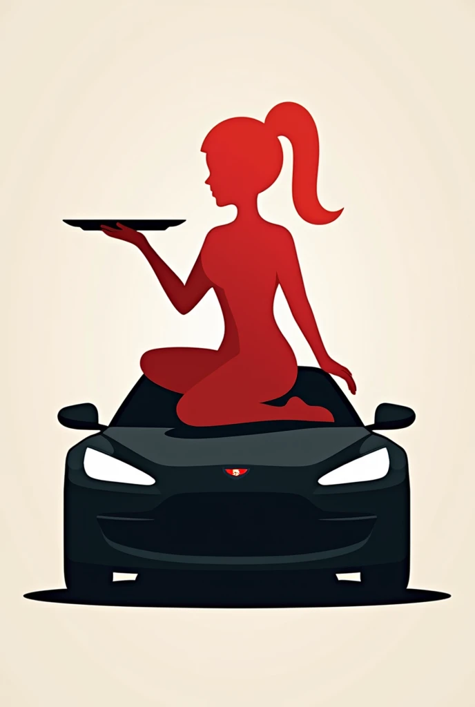 red faceless waitress shape sitting on top of a black car BEING WASHED and the waitress holding a tray, for a logo