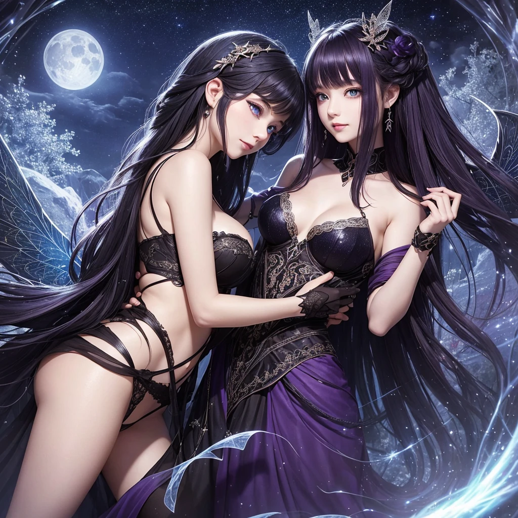 "A Nocturnal Fairy, a mysterious and elusive being who wields the power of darkness and night. She has flowing black or deep purple hair, and her wings resemble the starry night sky, reflecting a celestial pattern. Her eyes shine like moonlight, casting an ethereal glow. She appears to be in her 30s, though her true age remains a secret. Her attire is elegant and somewhat revealing, inspired by the night, with intricate designs that evoke the mystique of twilight. Her expression is enigmatic and serene, with a faint, knowing smile that hints at her deep connection with the night. Nocturnal Fairies are born from the void of darkness, descending from the stars in the night sky to embrace the quiet, hidden aspects of their realm."