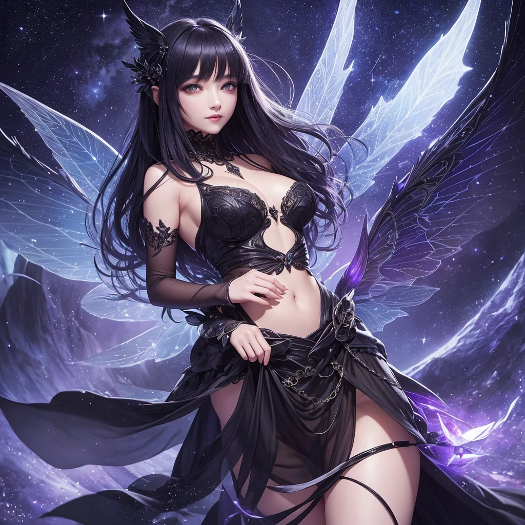 "A Nocturnal Fairy, a mysterious and elusive being who wields the power of darkness and night. She has flowing black or deep purple hair, and her wings resemble the starry night sky, reflecting a celestial pattern. Her eyes shine like moonlight, casting an ethereal glow. She appears to be in her 30s, though her true age remains a secret. Her attire is elegant and somewhat revealing, inspired by the night, with intricate designs that evoke the mystique of twilight. Her expression is enigmatic and serene, with a faint, knowing smile that hints at her deep connection with the night. Nocturnal Fairies are born from the void of darkness, descending from the stars in the night sky to embrace the quiet, hidden aspects of their realm."