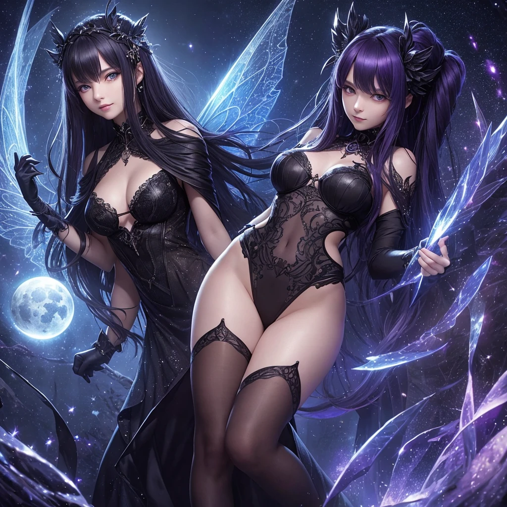 "A Nocturnal Fairy, a mysterious and elusive being who wields the power of darkness and night. She has flowing black or deep purple hair, and her wings resemble the starry night sky, reflecting a celestial pattern. Her eyes shine like moonlight, casting an ethereal glow. She appears to be in her 30s, though her true age remains a secret. Her attire is elegant and somewhat revealing, inspired by the night, with intricate designs that evoke the mystique of twilight. Her expression is enigmatic and serene, with a faint, knowing smile that hints at her deep connection with the night. Nocturnal Fairies are born from the void of darkness, descending from the stars in the night sky to embrace the quiet, hidden aspects of their realm."