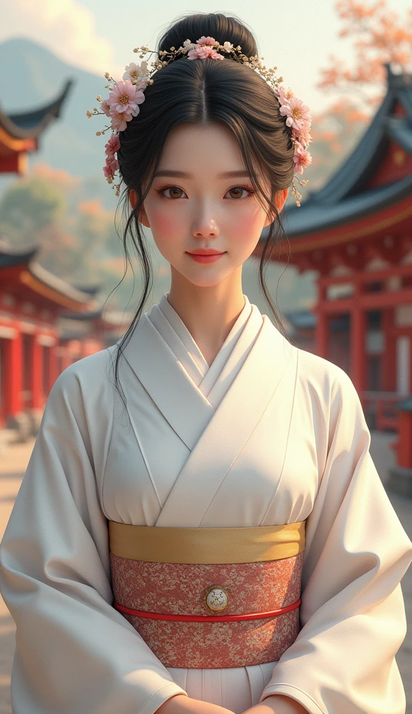 A beautiful young woman wearing brightly colored Japanese clothing、A charming expression、A peerless beauty created by CG、White Japanese clothing、Full Body Shot、background、Shrines and temples、Ukiyo-e style Japanese painting、