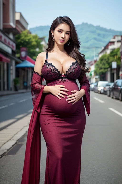 masterpiece, malaysian girl, indonesian girl ,ultra realistic,32k,intricate details, sharp focus, realistic, closed, black eyes, jewelr, lips, realistic, looking_at_viewer, wet skin, shiny skin, SHORT SLEVES, bali, balinese, cityscape, transparent standing pose,(( maroon black kebaya)),cute smile, smiling beauty,perfect breast, big breast, full body,busty body,curvy body,long hair,beauty face,A half body of woman in a bright colourful gown posing for a perfect loop lighting photoshoot, light colourful bra, lacey, posing in bra, gorgeous woman, cleavage, wavy lingeries, angela white, jaw-dropping beauty, wearing bra, (cinematic realistic Modern City background behind her), curvy model, sexy push up bras, attractive girl, (((huge breasts))), busty, with large breasts, attractive woman, jaw dropping beauty, (long wavy thick hair), (((big body shape))), ((Modern City)), ((wearing a gown dress)), (dramatic lighting), (sharp focus), (intricate), fashion, realistic skin texture, (( perfect anatomy)), ((detailed face:1.2)), ((detailed facial features)), (finely detailed skin), masterpiece), (perfect proportion), (realistic photo), (best quality: 1.6), (detailed), (vibrant colors), (full body), (childern happy), pregnant, full body.