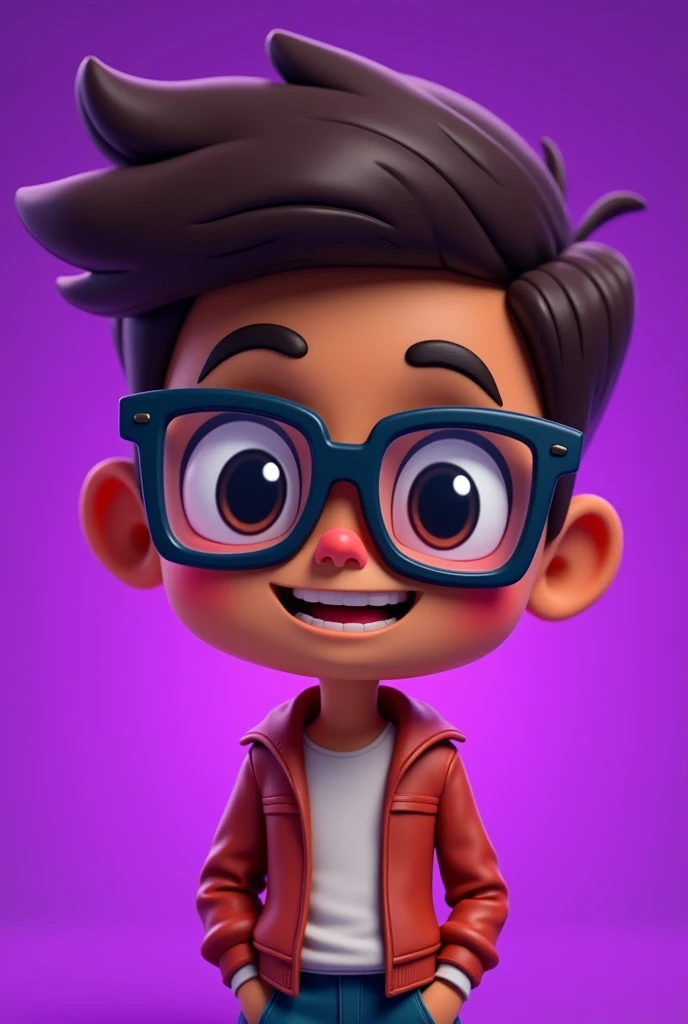 A Chibi style male character with brown skin with gamer style glasses on a purple background make him an adult