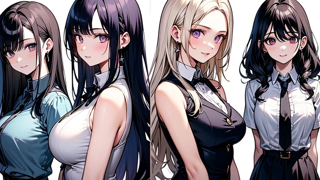 (((white blond hair:1.5、5 girls:1.5)))、((5 girls:1.5、forehead:1.5、Standing、Long eyelashes、Earrings、Earrings、high school girl:1.5、uniform:1.5、school uniform:1.5、Dress shirt、Long tie、Checked mini skirt、low angle shot:1.5、Gal:1.5、frontal face:1.5、A calm face、Purple Hair:1.5、Northern Europe、White、beautiful girl:1.5、White background、cute、Young、True Face、Shiny Hair、whole body))、overweight:1.5、masterpiece, best quality, ultra detailed, hyper detailed, beautiful, woman, medium shot, from front:1.5, leaping figure composition, midday, in focus with blurred background、 highest quality, figure, super detailed, finely, High resolution, 8k wallpaper, Perfect dynamic composition, detailed and beautiful eyes, Deco out,bionde, big breasts, Natural color lip,white background, random cute poses