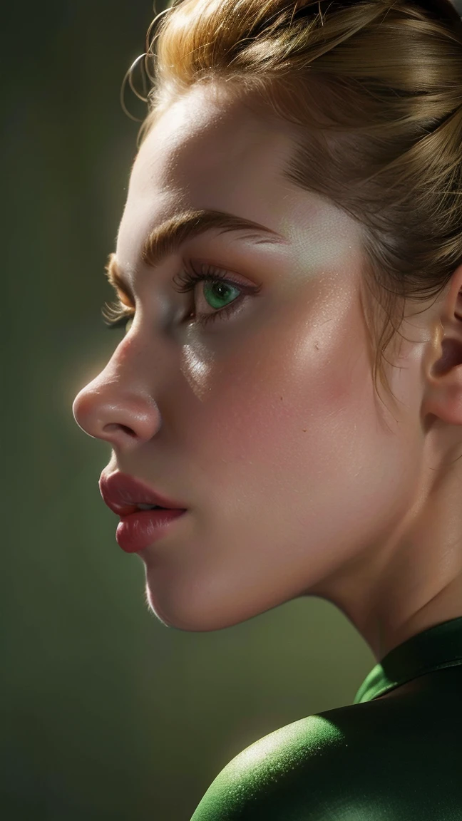 of the highest quality, masterpiece, ultra high resolution, (realist:1.4), (Close-up portrait) RAW Photos, 1 girl, 2,((nostril nose piercing)),,((Passionate honey blonde hair)), realist,Image Media Chest)) (masterpiece, Best Quality:1.2), Alone, Exceptional profile photo, masterpiece, drawn with great precision Symmetrical with balanced features. defined cheekbones, proportionate nose and full lips. Expressive eyes or framed by long eyelashes. clear skin, Suave, uniform and radiant A slender but curvy figure. well defined waist, Proportionate hips, Subtle muscle toning. ((Light green eyes)), hair tied in a high ponytail