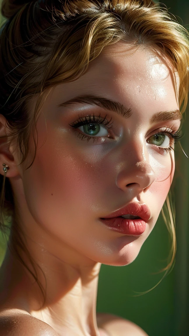 of the highest quality, masterpiece, ultra high resolution, (realist:1.4), (Close-up portrait) RAW Photos, 1 girl, 2,((nostril nose piercing)),,((Passionate honey blonde hair)), realist,Image Media Chest)) (masterpiece, Best Quality:1.2), Alone, Exceptional profile photo, masterpiece, drawn with great precision Symmetrical with balanced features. defined cheekbones, proportionate nose and full lips. Expressive eyes or framed by long eyelashes. clear skin, Suave, uniform and radiant A slender but curvy figure. well defined waist, Proportionate hips, Subtle muscle toning. ((Light green eyes)), hair tied in a high ponytail
