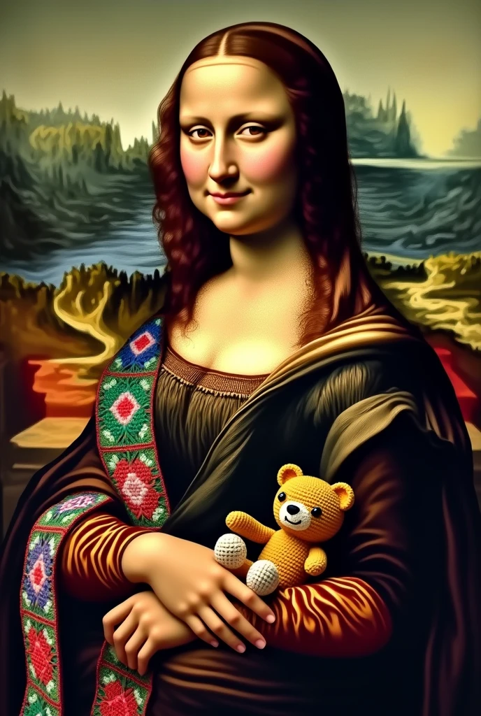 Monalisa wearing a long scarf made of granny squares and surrounded by amigurumi bears, holiday vibe